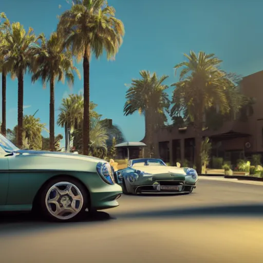 Image similar to frog driving a mercedes in marrakech, palm trees, octane render, unreal engine, hyperdetailed