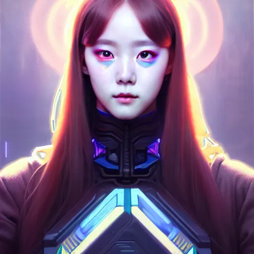 Image similar to portrait painting of cyberpunk chuu from loona as a cheerful smiling mercenary, ultra realistic, concept art, intricate details, eerie, highly detailed, photorealistic, octane render, 8 k, unreal engine. art by artgerm and greg rutkowski and magali villeneuve and alphonse mucha