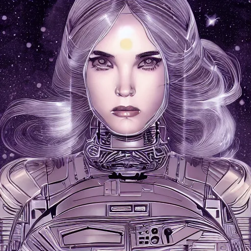 Image similar to gold and silver tones, star wars cybernetic princess, style of moebius, james jean, mcbess, long glowing ethereal hair, cinematic, highly detailed, award winning, 8 k photorealistic