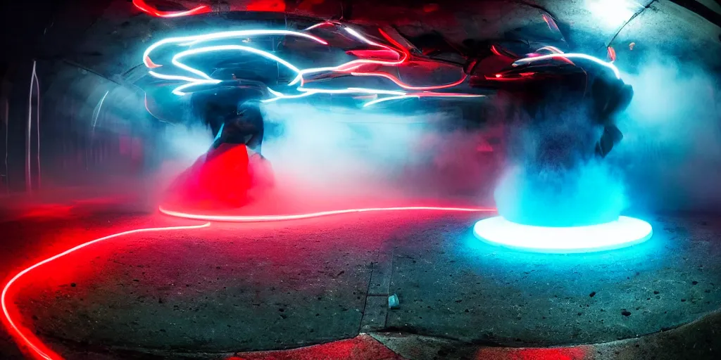 Image similar to slow motion with trail effect of futuristic break dancer made by liquid, long exposure shot , at night there is fog and a giant red neon triangle emitting energy, paddle of water, steam, water splashes, rim lights, glossy reflections, water droplets on lens, octane render, detailed and soft, 10mm fisheye