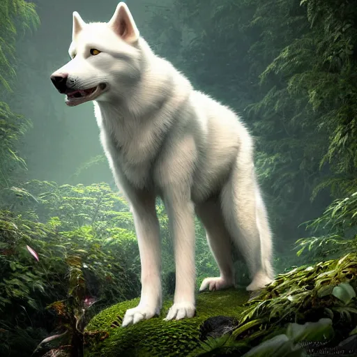 Image similar to white alaskan husky creature in a alaskan lush vegetation, warm tones : by michal karcz, guillermo del toro, daniel merriam, victo ngai and : ornate, dynamic, particulate, intricate, elegant, highly detailed, centered, artstation, smooth, sharp focus, octane render