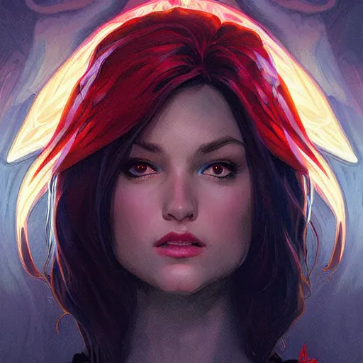 Image similar to character concept, portrait, symmetrical head - on centralized, bright fire pheonix in dark cave. detailed, high quality, dynamic lightning, fantasy, scenematic. artwork by artgerm, wlop, alex ross, greg rutknowski, alphonse mucha