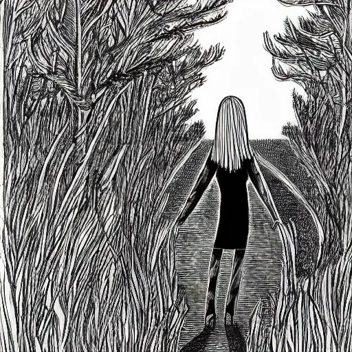 Image similar to ink illustration of tall slender woman with long grey hair in a black dress walking out of a swamp, drawing by graham ingels,