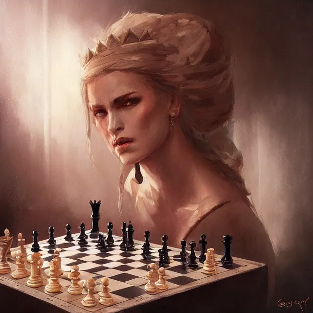 Prompt: a painting of a queen in a chess board by greg rutkowski, dark fantasy art, high detail, trending on artstation