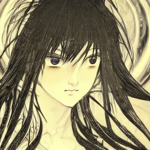 Image similar to yoshitaka amano blurred and dreamy artwork of a manga girl with black eyes, wavy white hair fluttering in the wind wearing elden ring armor and crown with engraving, highly detailed face, abstract black and white patterns on the background, noisy film grain effect, highly detailed, renaissance oil painting, weird portrait angle, blurred lost edges, three quarter view