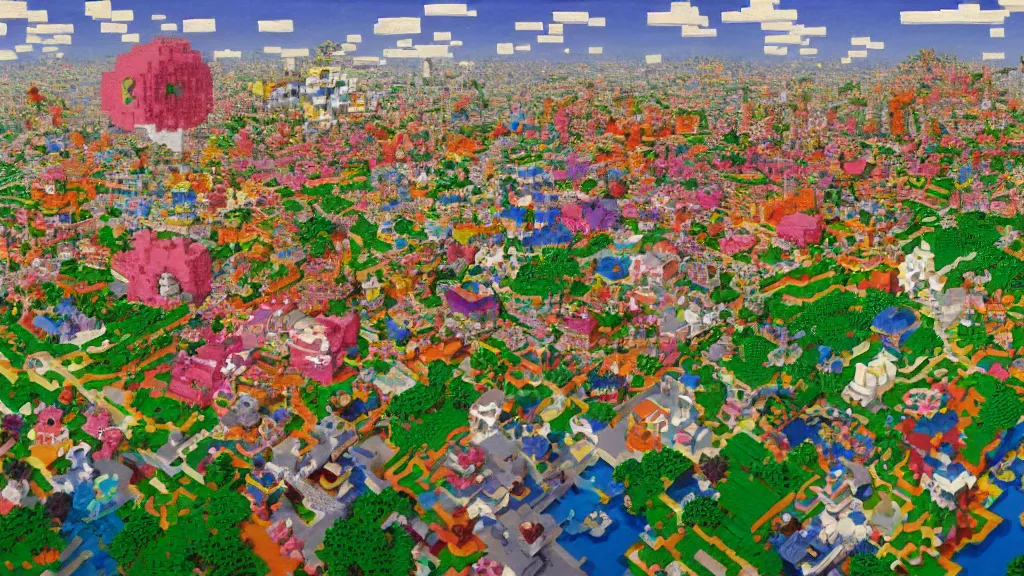 Prompt: A Dithered Minecraft Landscape with some buildings, a painting by Takashi Murakami, Chiho Aoshima, Yoshitomo Nara and Aya Takano, Superflat art movement, ethereal, chiaroscuro, autochrome, soft pastel colors, pastel oil inks, realistic lighting, oil painting, heavy imaspto technique, scarlet, infernal, despair, omnious, chiaroscuro