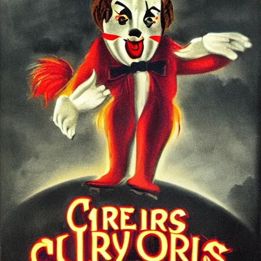 Image similar to poster advertising a circus, printed poster, creepy clown, roaring lion, 1 9 4 0 circus poster