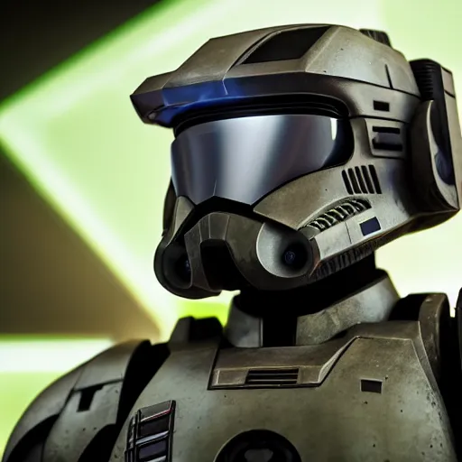 Prompt: Master Chief in a set of Star Wars, highly detailed, high quality, HD, 4k, 8k, Canon 300mm, professional photographer, 40mp, lifelike, top-rated, award winning, realistic, sharp, no blur, edited, corrected, trending