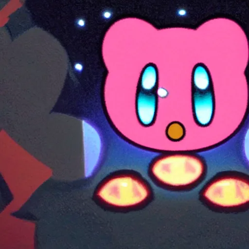 Image similar to Kirby in the deep darkness staring at you with shining red eyes, found footage