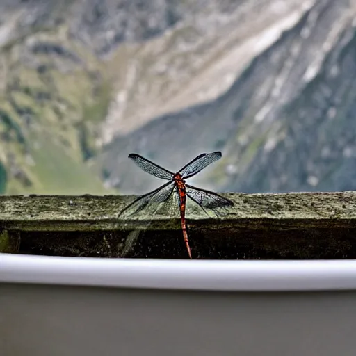 Image similar to dragonfly in a bathtub in the alps, goats in background