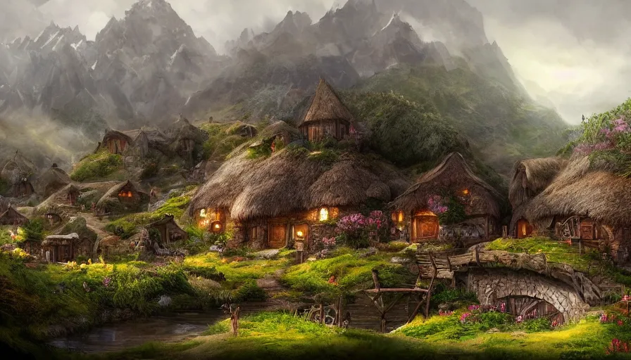 Image similar to concept art of a beautiful hobbit village, digital art, trending on artstation