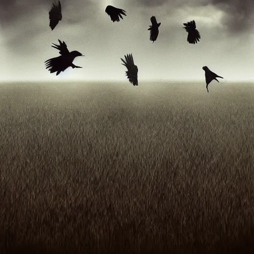 Image similar to A field full of crows, dark sky, trending on artstation.