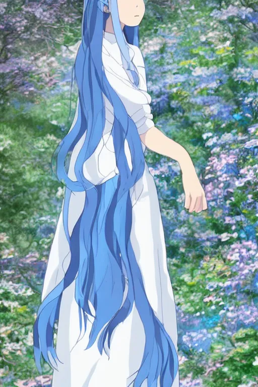 Prompt: A young female wizard with blue hair, in delicate white magical dress + studio Ghibli + detailed character portrait
