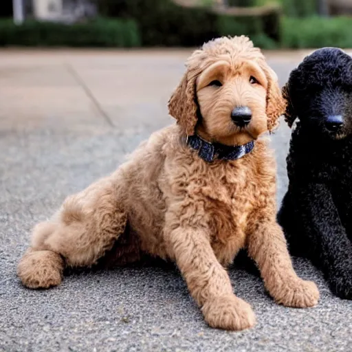 Prompt: Golden labradoodle puppy and larger black labradoodle playing and having fun together