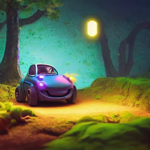 Image similar to tiny cars, phone time machine, bioluminescence, vegetation, colorful, rim light, highly detailed, tilt shift, digital painting, concept art, smooth, sharp focus, pleasing aesthetics, 3 d render, octane render, disney pixar, 4 k