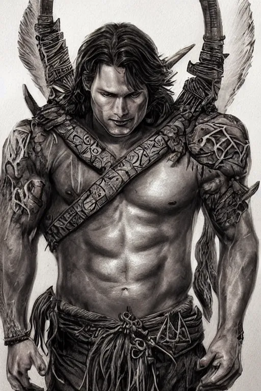 Image similar to front portrait of attractive sam winchester as a druid warrior, clothes torn apart, muscular chest tattooed with runes and symbols, d & d!, fantasy style, sharp focus!, ultra detailed, art by artgerm and peter andrew jones, wlop