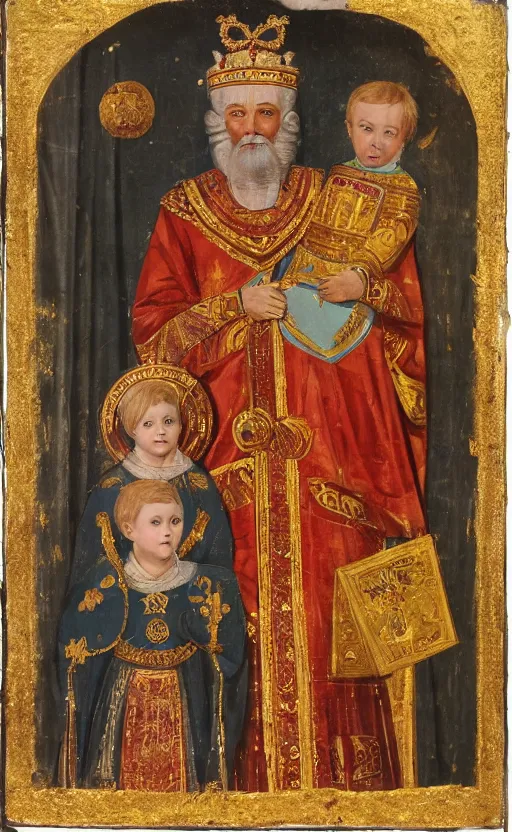 Image similar to photograph of a smiling byzantine emperor with his beloved son and daughter,