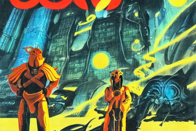 Prompt: 1979 OMNI Magazine Cover of a dragonborn in neo-tokyo style by Vincent Di Fate. DND character art