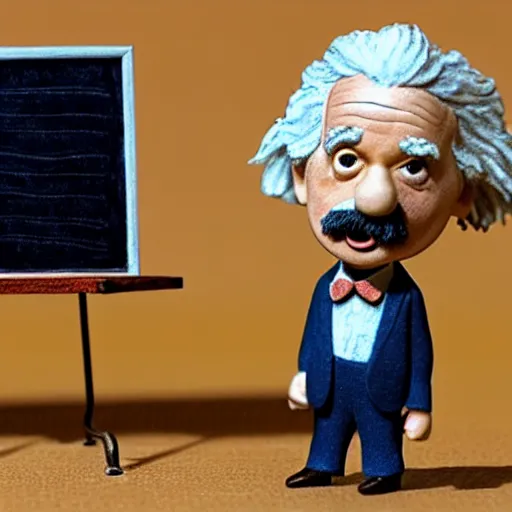 Prompt: claymation miniature scene of albert einstein standing in front of miniature blackboard with lots of mathematical formulas chalked on