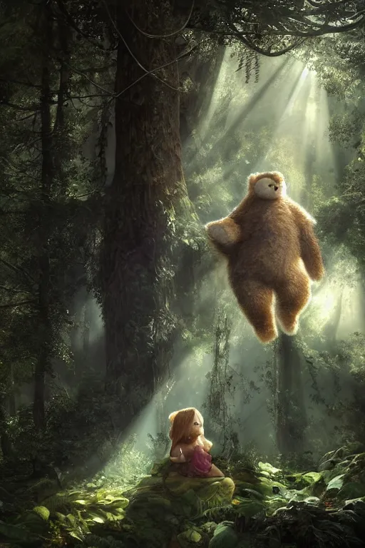 Image similar to mean fluffy teddybear protecting girl in a forest with rays of light coming through the canopy, masterpiece, dystopian, sci-fi, extremely detailed, digital painting, sculpted in zbrush, artstation, concept art, smooth, sharp focus, illustration, chiaroscuro lighting, golden ratio, incredible art, artgerm, greg rutkowski, alphonse mucha, simon stalenhag, carravaggio