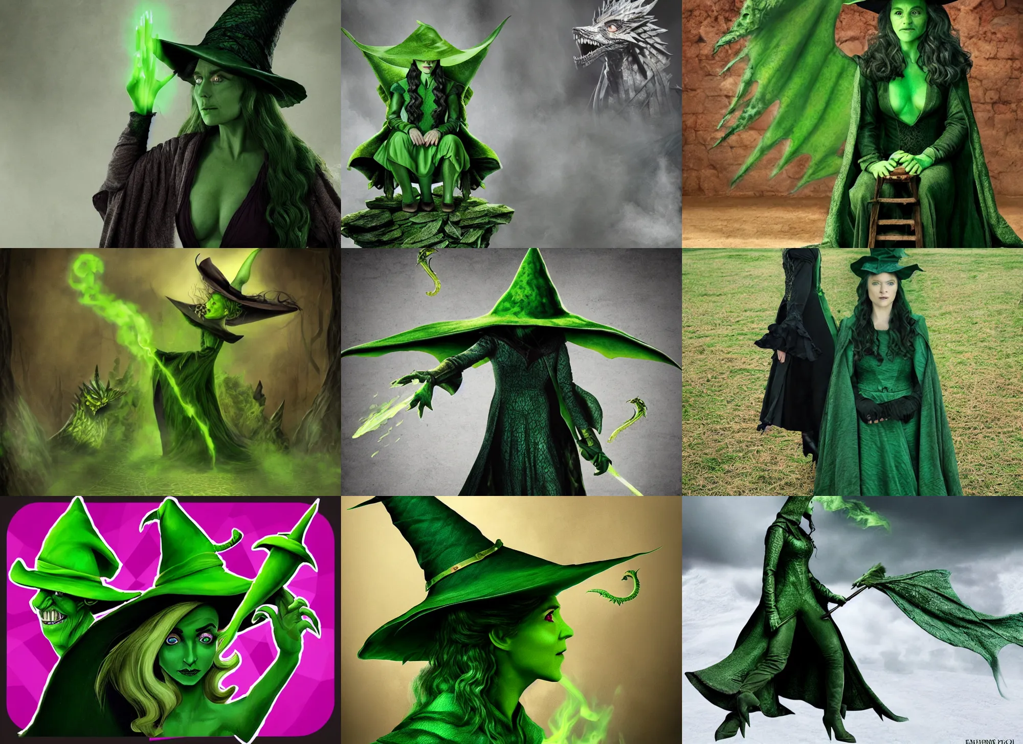 Prompt: the wicked witch of the game of thrones, green skin, witch hat, dragons