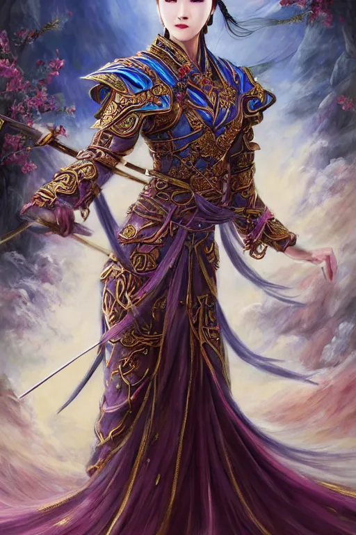 Image similar to beautiful ancient fantasy portrait of wuxia armored heroine, Liu Yifei, Zhao Lu Si wearing like Xian Xia wardrobe, in forbidden City, hybrid from Dynasty Warriror, flowers sea rainning everywhere, intricate, very very beautiful, elegant, highly detailed, digital painting, beautiful glowing galaxy eyes, artstation, fantasy concept art, smooth, sharp focus, illustration, art by alphonse mucha and WLOP and tian zi