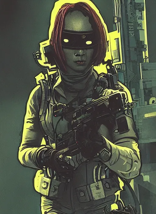 Prompt: cyberpunk blackops spy. night vision. selina igwe. portrait by ashley wood and alphonse mucha and laurie greasley and josan gonzalez and james gurney. spliner cell, apex legends, rb 6 s, hl 2, d & d, cyberpunk 2 0 7 7. realistic face. dystopian setting.