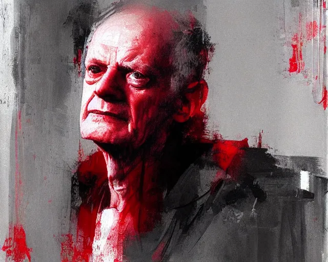 Image similar to portrait of palpatine ian mcdiarmid in shades of grey but with red by jeremy mann