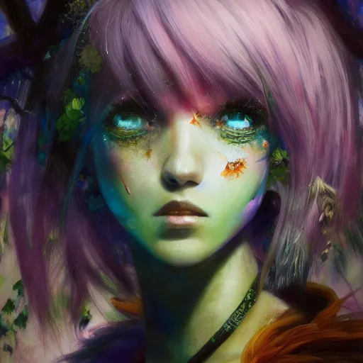 Image similar to fantasy girl mage in a forest, dramatic fantasy art, by yoshitaka amano, trending on artstation, 4 k, expressive oil painting, close - up face portrait, vivid colors