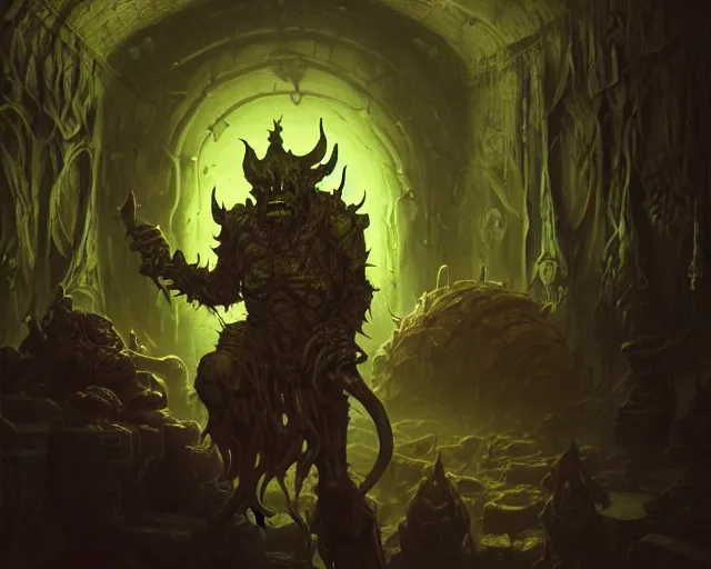 Image similar to 4 k cinematic still portrait of a goblin in a dark liminal space room, nurgle, deep focus, d & d, fantasy, intricate, repulsive, highly detailed, digital art, art station, concept art, matte, sharp focus, illustration, dark fantasy art, hearthstone, art by artgerm and greg rutkowski and alphonse mucha