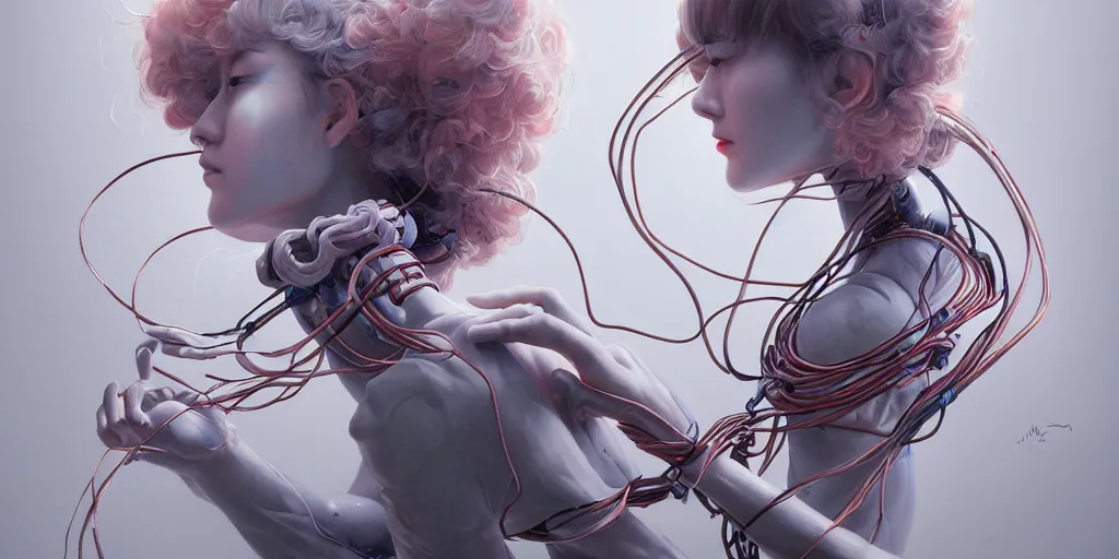 Prompt: hyperrealistic photography of a gorgeous fragile android assisting a broken birthing machine with thick dark cables in the style of Jin Kagetsu, James Jean and wlop, highly detailed, masterpiece, award-winning, sharp focus, intricate concept art, ambient lighting, 8k, artstation
