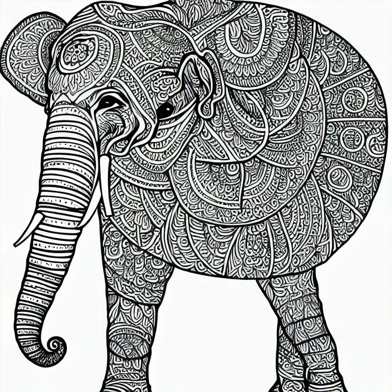 Prompt: beautiful elephant, ornamental, fractal, line art, vector, outline, simplified, colouring page