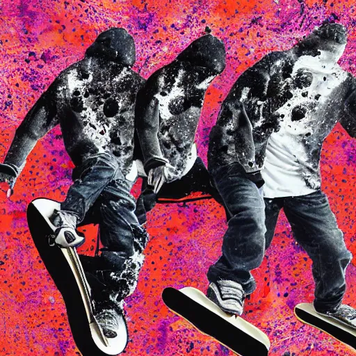 Prompt: terrifying trompe l'oiel image of three skateboarders, confusing optical illusion, splatter ink and hyperrealism, macro photography 8k, this picture looks different from far away