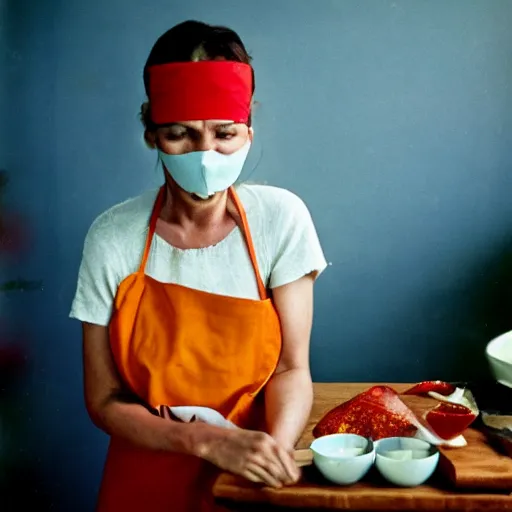 Prompt: feeling with the heart, warm, blindfold, bright colours, female in kitchen, kodachrome