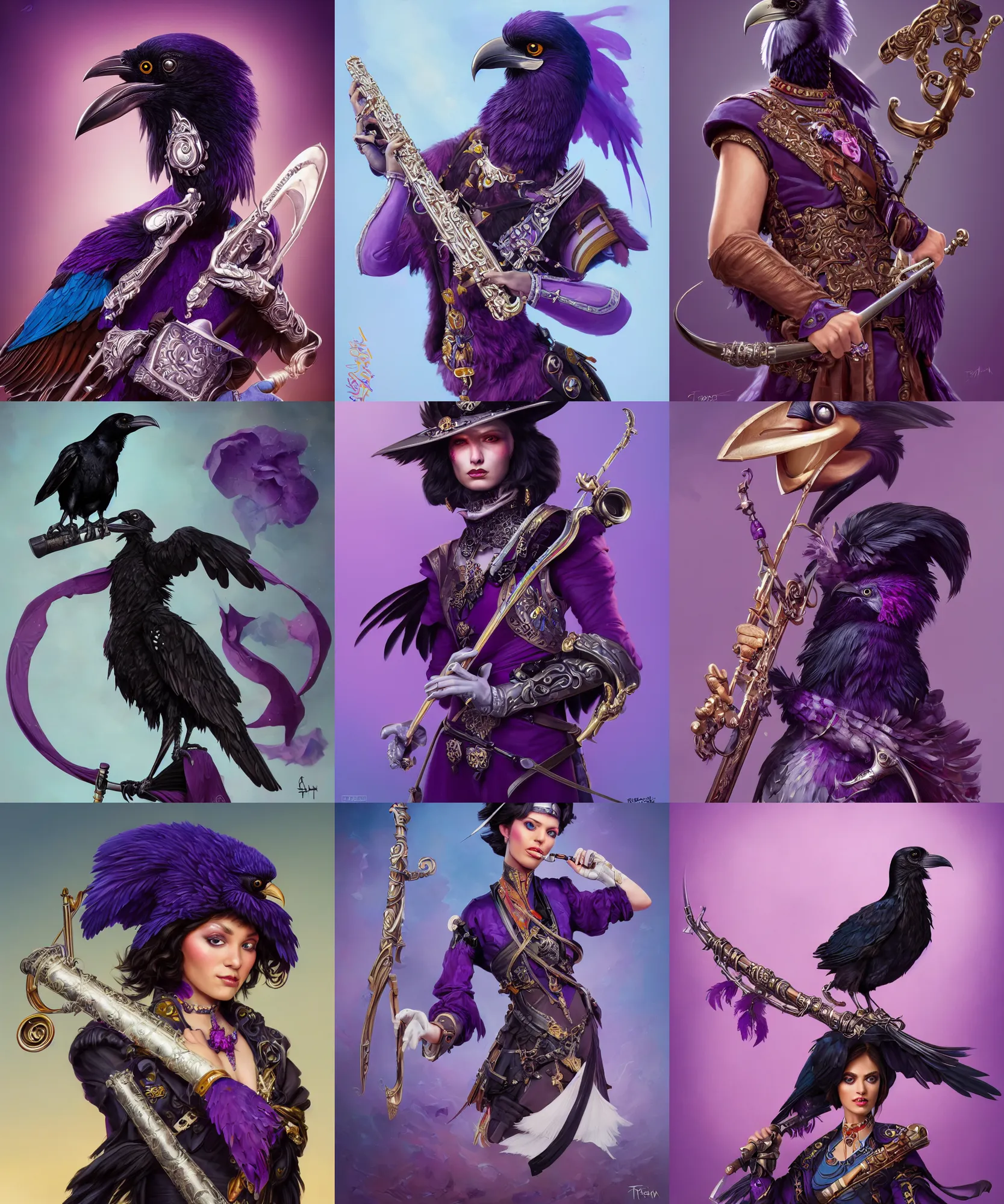 Prompt: A beautiful portrait of an anthropomorphic raven wearing purple swashbuckling clothes and holding a flute, character design, by Pixar style by Tristan Eaton_Stanley Artgerm and blizzard studios and Tom Bagshaw, hyper realism, high detail, trending on artstation, unreal engine 5, Lumen, 8k, 38mm photography