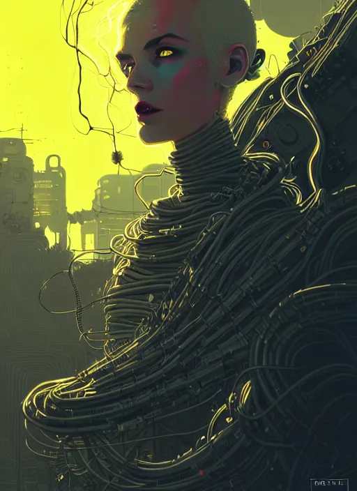 Image similar to highly detailed portrait of wasteland punk long curly bright yellow and white plasma electricity hair tribal lady, stray electric spark wiring by atey ghailan, james gilleard, by joe fenton, by greg rutkowski, by greg tocchini, by kaethe butcher, 4 k resolution, gradient yellow, black and white color scheme!!! ( ( lightning cloudy robotic dystopian city background ) )