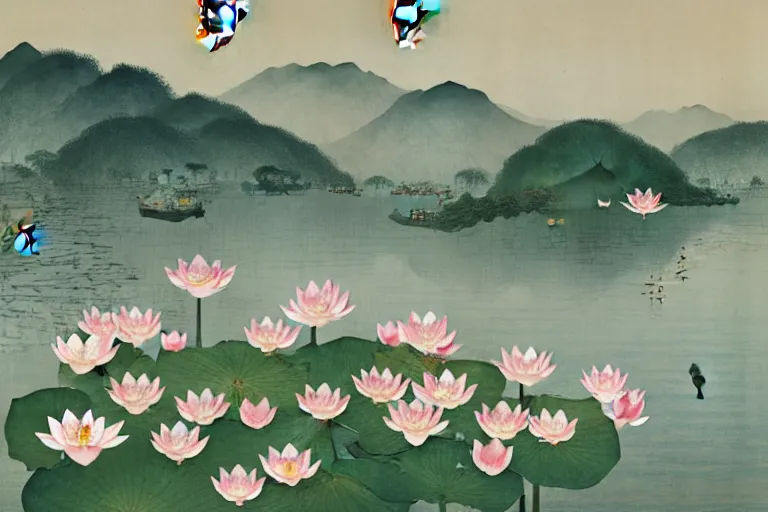 Prompt: an ultradetailed landscape painting of westlake in china hangzhou, lotus, may flowers blossoms nearby, fine wind, chinese water color, smooth, sharp focus, illustration, by hilma af klint, 8 k