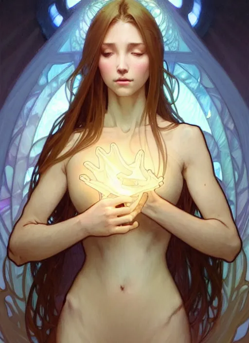 Image similar to a digital concept art by artgerm and greg rutkowski and alphonse mucha. clear portrait of a young wife blessed by god to uncontrollably become overwhelmingly perfect!! blonde, clothed, holy body!! light effect. hyper detailed, character concept, glowing lights!! intricate, elegant, digital painting, artstation, smooth, sharp focus