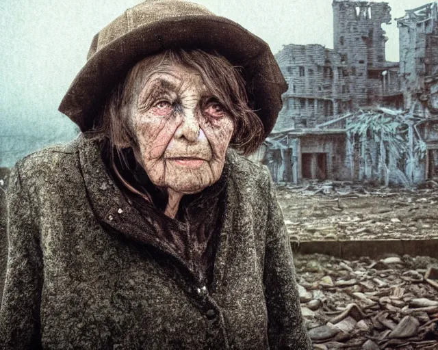 Image similar to close up portrait of an old woman with sinister face and dirty clothes standing outside of an abandoned city ruins, city ruins in the background, bokeh, depth of field, dramatic lighting, cinematic, vivid colors, matte painting, digital painting style, John Atkinson Grimshaw color scheme
