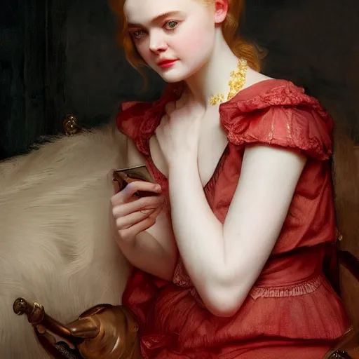 Image similar to Elle Fanning in a dark room, artstation, by J. C. Leyendecker and Peter Paul Rubens, Extremely detailed. 4K. Award winning.
