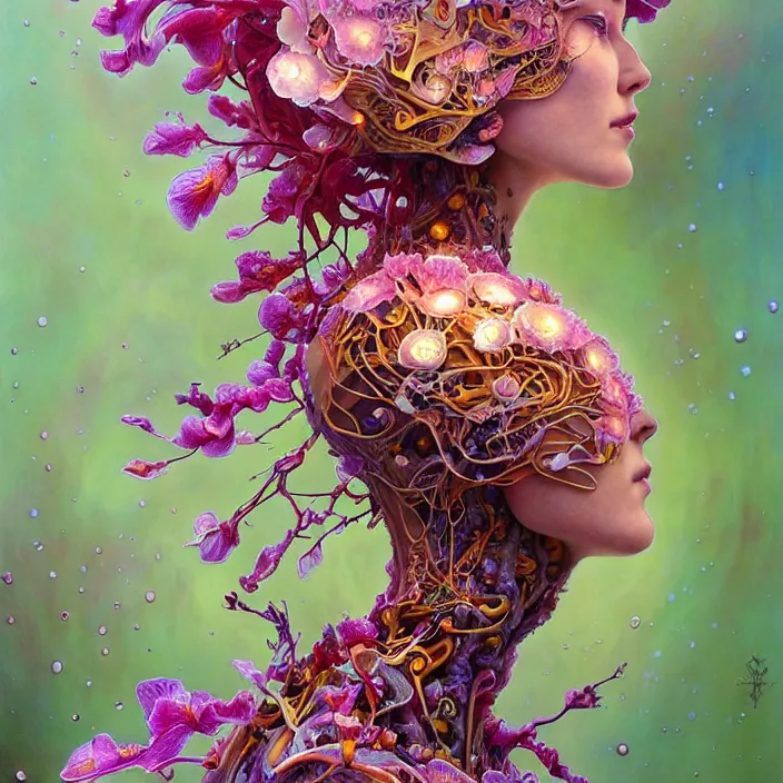 Image similar to extremely psychedelic organic cyborg made of orchid and cherry blossom tree and mushroom, diffuse lighting, fantasy, intricate, elegant, highly detailed, lifelike, photorealistic, digital painting, artstation, illustration, concept art, smooth, sharp focus, art by John Collier and Albert Aublet and Krenz Cushart and Artem Demura and Alphonse Mucha