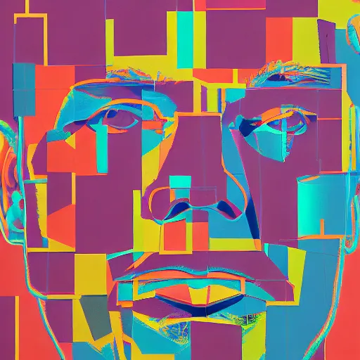 Prompt: portrait of abstract visual artificial intelligence face chromatic suit by Andy warhol and David Hockney and Petros Afshar, highly detailed