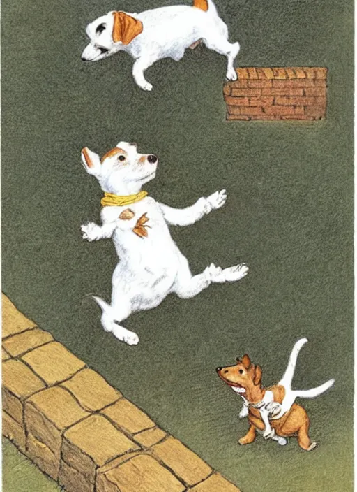 Image similar to jack russel terrier jumping from the ground over a brick wall, illustrated by peggy fortnum and beatrix potter and sir john tenniel