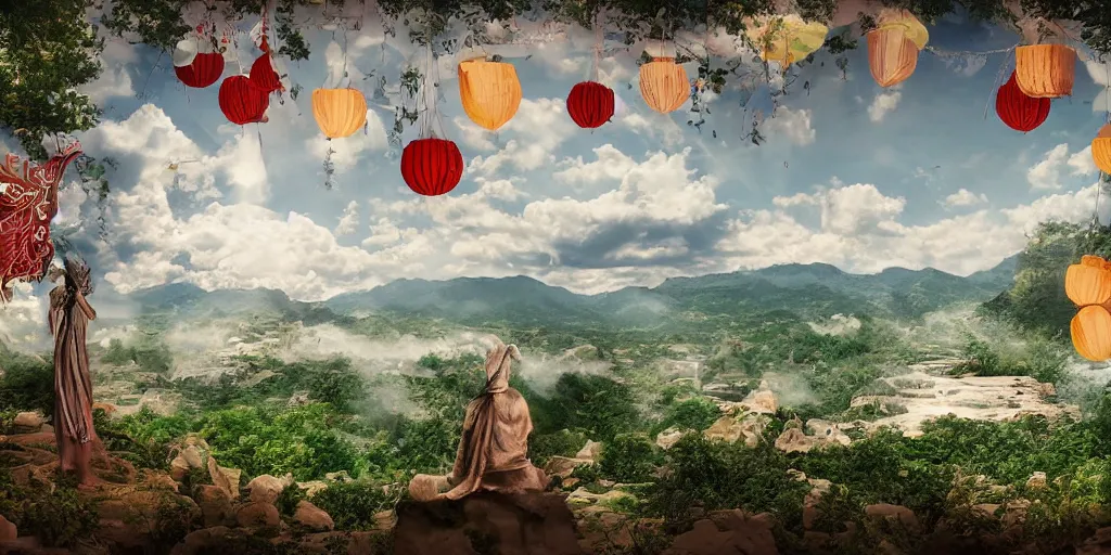 Prompt: wind god enjoying the view from his stone heavenly palace, decorated with windchimes and paper lanterns, nature and clouds in background, digital art