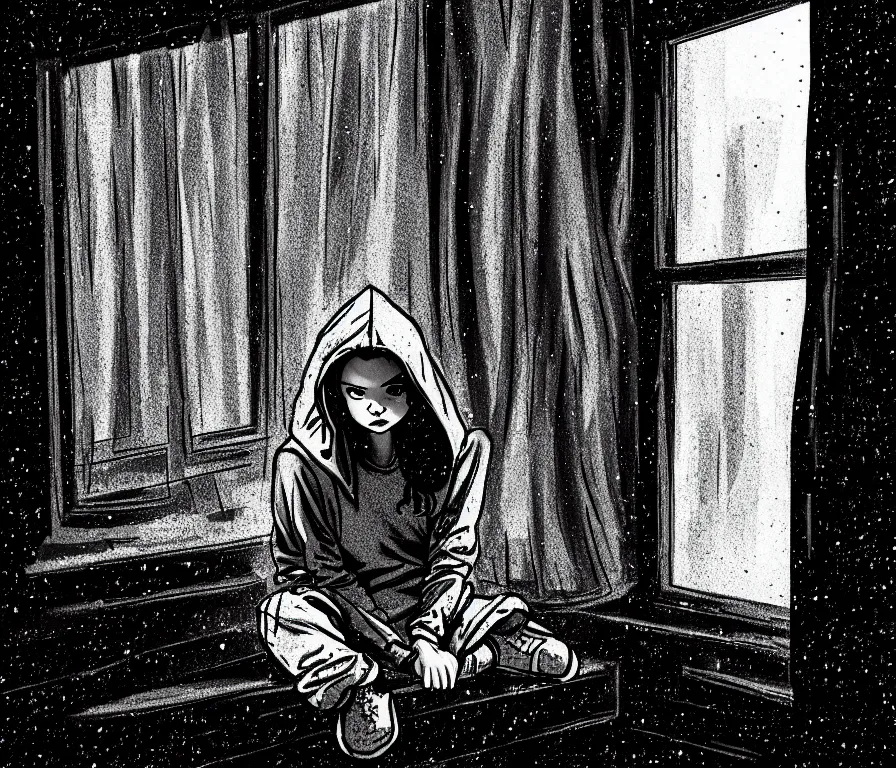 Image similar to sadie sink in hoodie sits on windowsill, knees tucked in | rain falls at night : storyboard, scifi cyberpunk. by joe alves. cinematic atmosphere, detailed and intricate, perfect anatomy