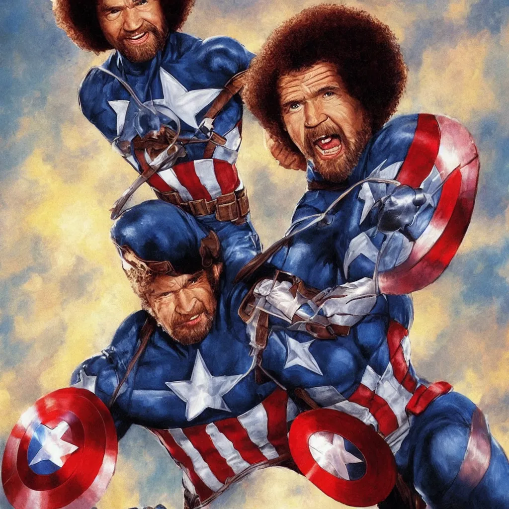 Image similar to Bob Ross as Captain America