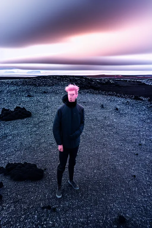 Image similar to high quality pastel coloured film wide angle selfie photograph of a plain looking male with cyber enhancement standing in an icelandic black rock environment. sarcastic expression. three point light. photographic. art directed. pastel colours. volumetric light. stark. waves glitch. 8 k. filmic.