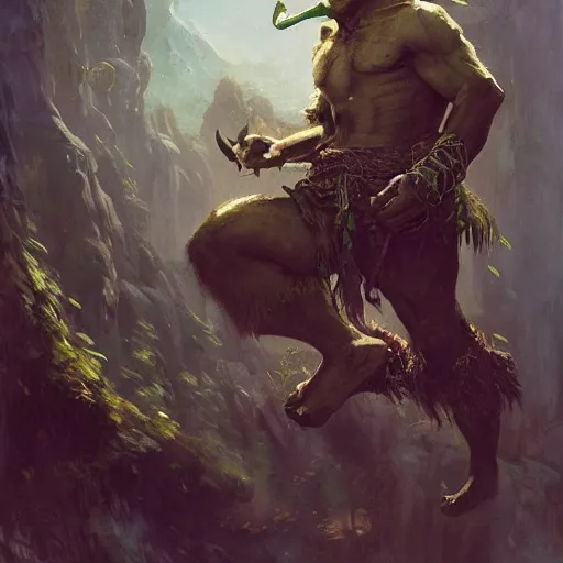 Image similar to a friendly orcish merchant, green skin and tusks, fantasy character portrait by greg rutkowski, gaston bussiere, craig mullins