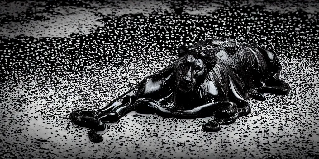 Image similar to the black lioness made of ferrofluid, bating in the drinking basin in the zoo exhibit, viscous, sticky, full of black goo, covered with black goo, splattered black goo, dripping black goo, dripping goo, splattered goo, sticky black goo. photography, dslr, reflections, black goo, zoo, exhibit