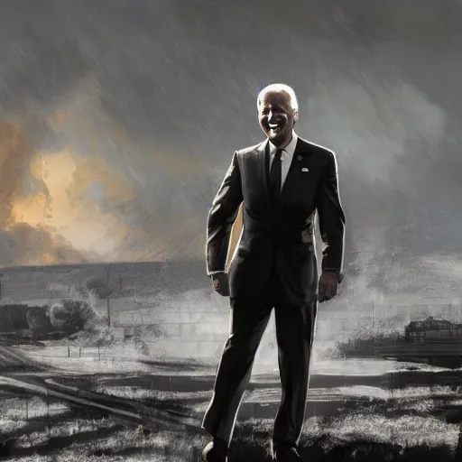 Image similar to joe biden smiling while behind him the world is burning, dramatic lighting, cinematic, establishing shot, extremly high detail, photorealistic, cinematic lighting, artstation, style by James Gurney